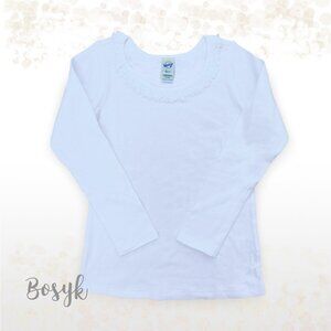 NEW-Long Sleeve Tshirt with Ruffles at the Neckline-T Shirt White -T Shirt Plain
